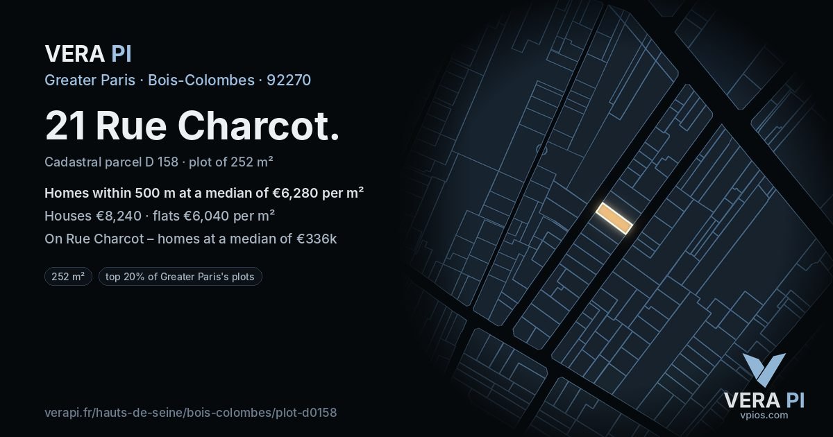 21 Rue Charcot, Bois-Colombes at night – the plot lit, the parcels around coloured by the prices near them
