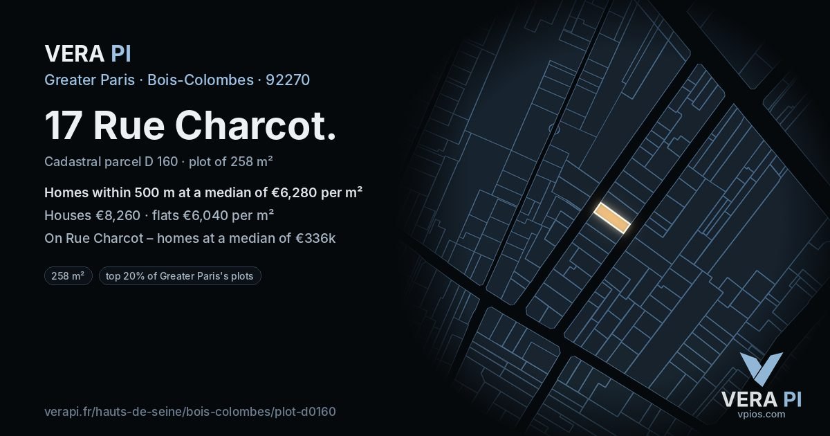 17 Rue Charcot, Bois-Colombes at night – the plot lit, the parcels around coloured by the prices near them