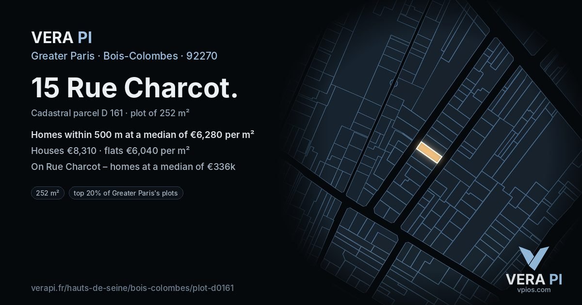 15 Rue Charcot, Bois-Colombes at night – the plot lit, the parcels around coloured by the prices near them