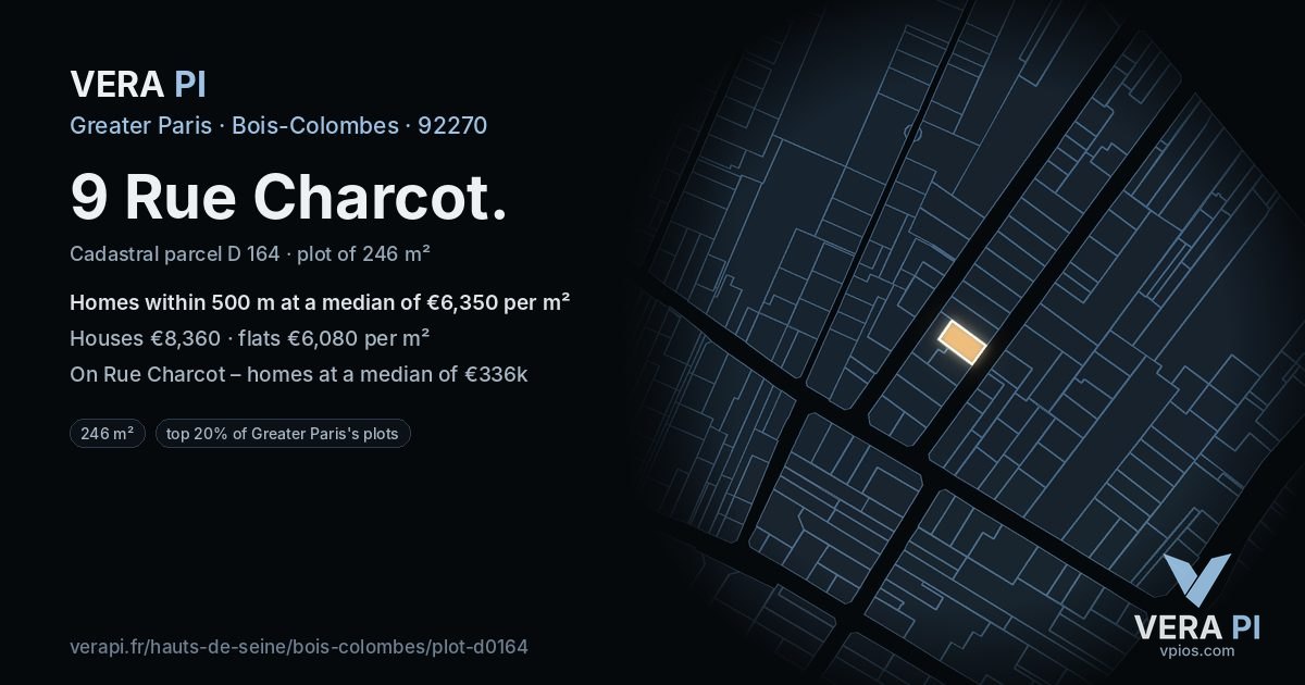 9 Rue Charcot, Bois-Colombes at night – the plot lit, the parcels around coloured by the prices near them