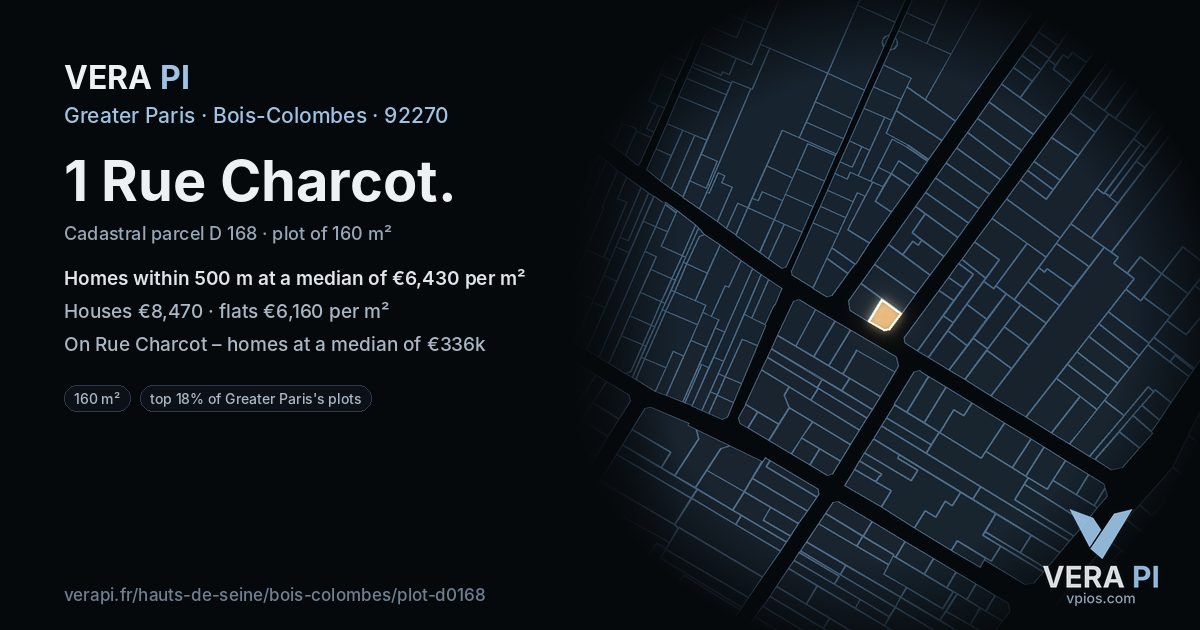 1 Rue Charcot, Bois-Colombes at night – the plot lit, the parcels around coloured by the prices near them