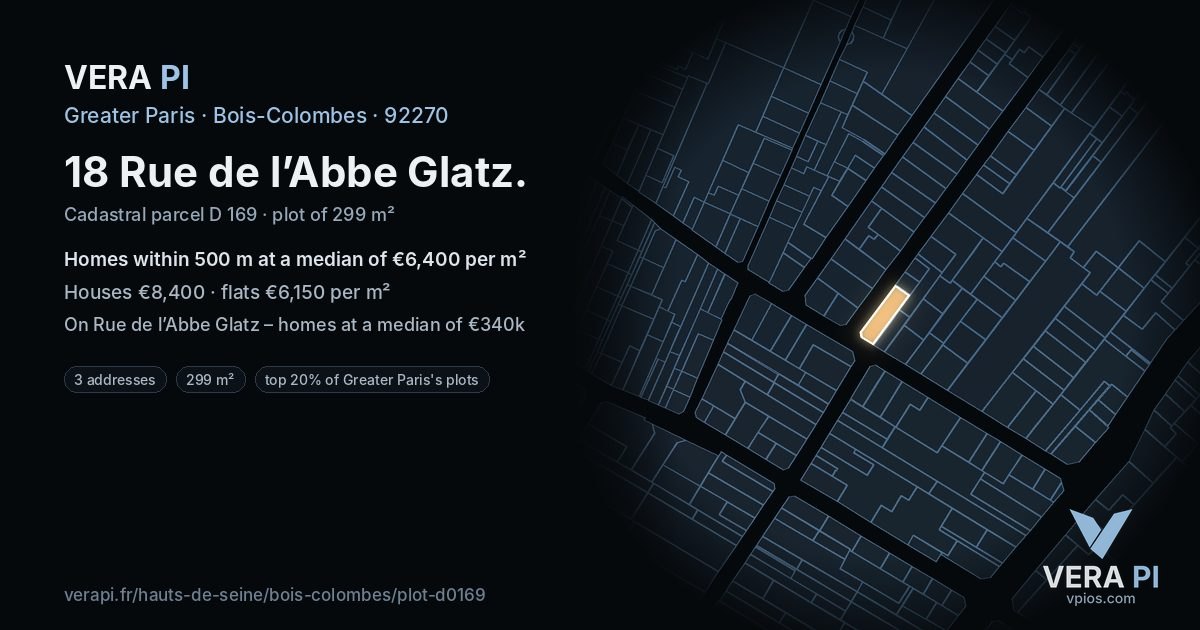 18 Rue de l’Abbe Glatz, Bois-Colombes at night – the plot lit, the parcels around coloured by the prices near them