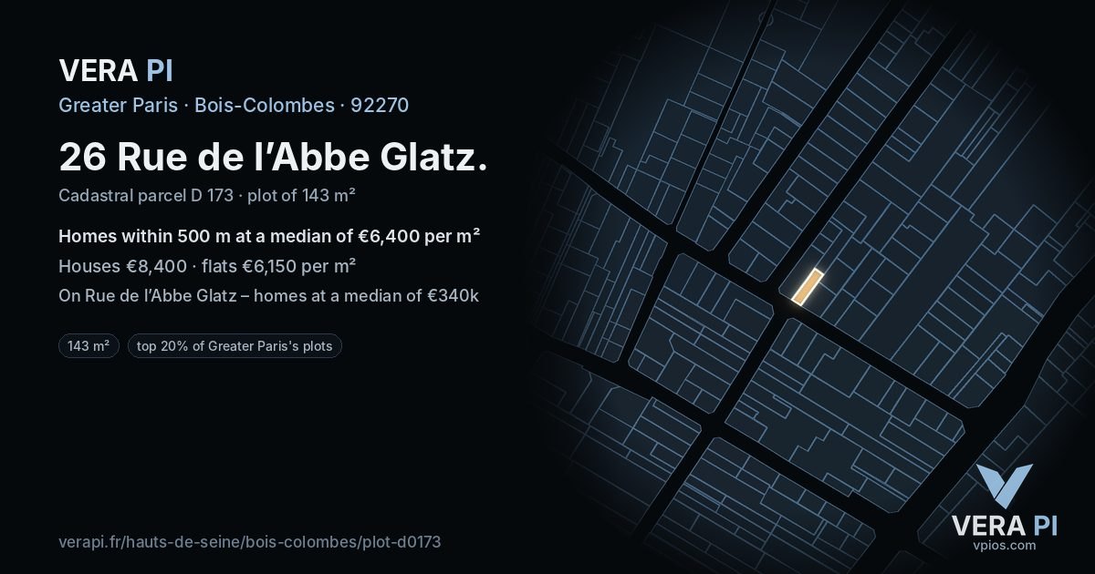 26 Rue de l’Abbe Glatz, Bois-Colombes at night – the plot lit, the parcels around coloured by the prices near them