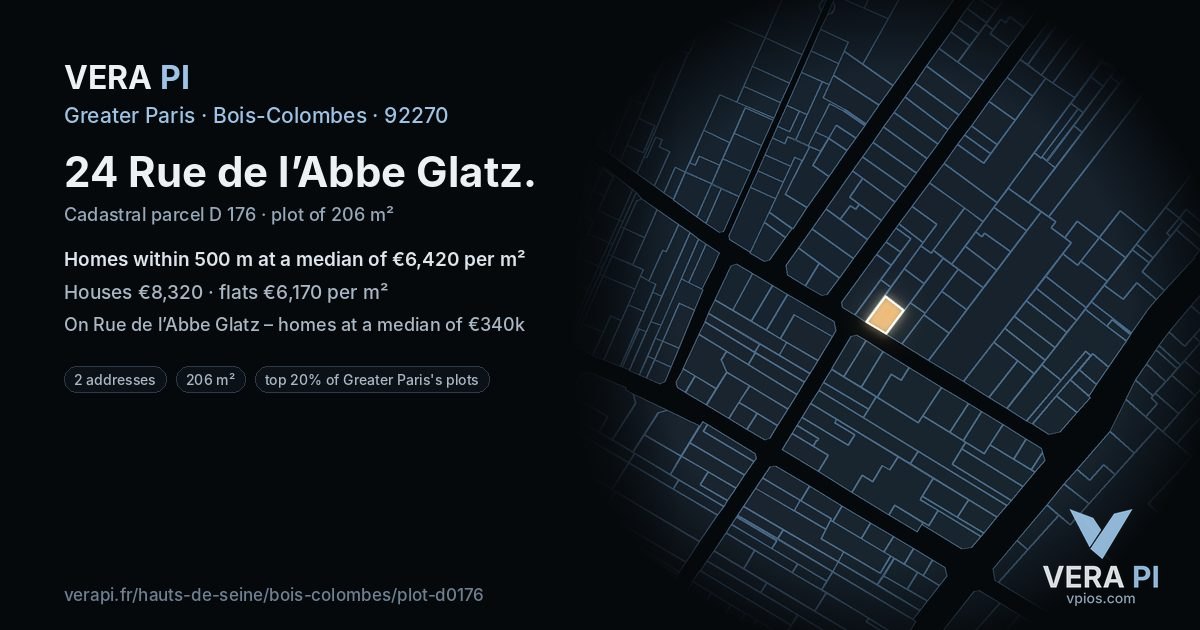 24 Rue de l’Abbe Glatz, Bois-Colombes at night – the plot lit, the parcels around coloured by the prices near them