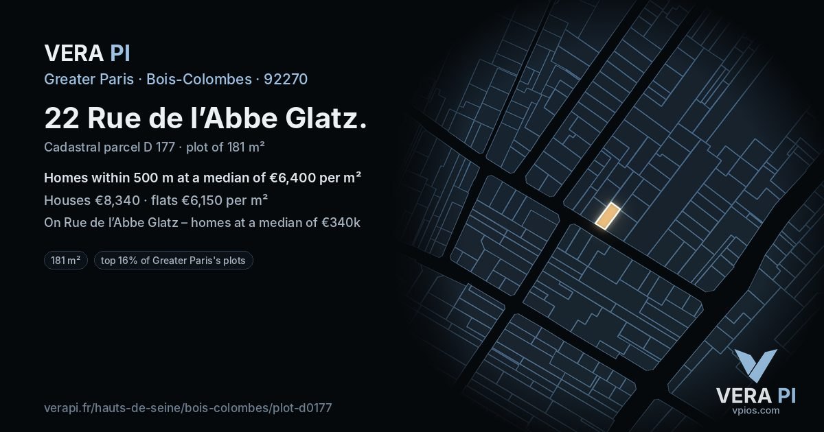 22 Rue de l’Abbe Glatz, Bois-Colombes at night – the plot lit, the parcels around coloured by the prices near them