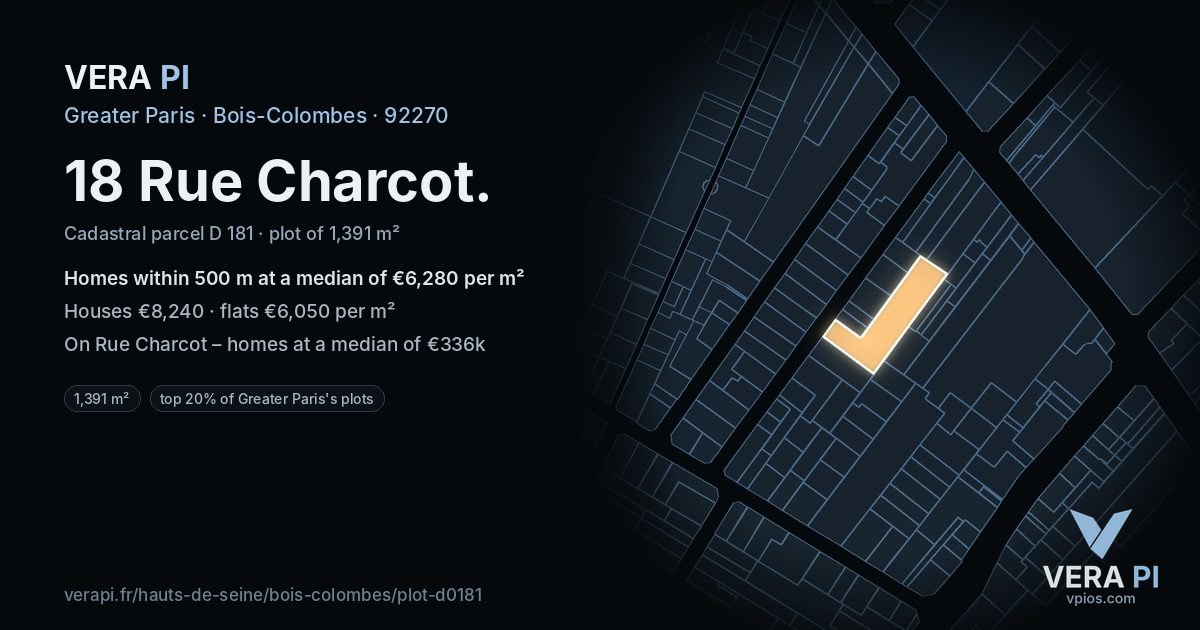 18 Rue Charcot, Bois-Colombes at night – the plot lit, the parcels around coloured by the prices near them