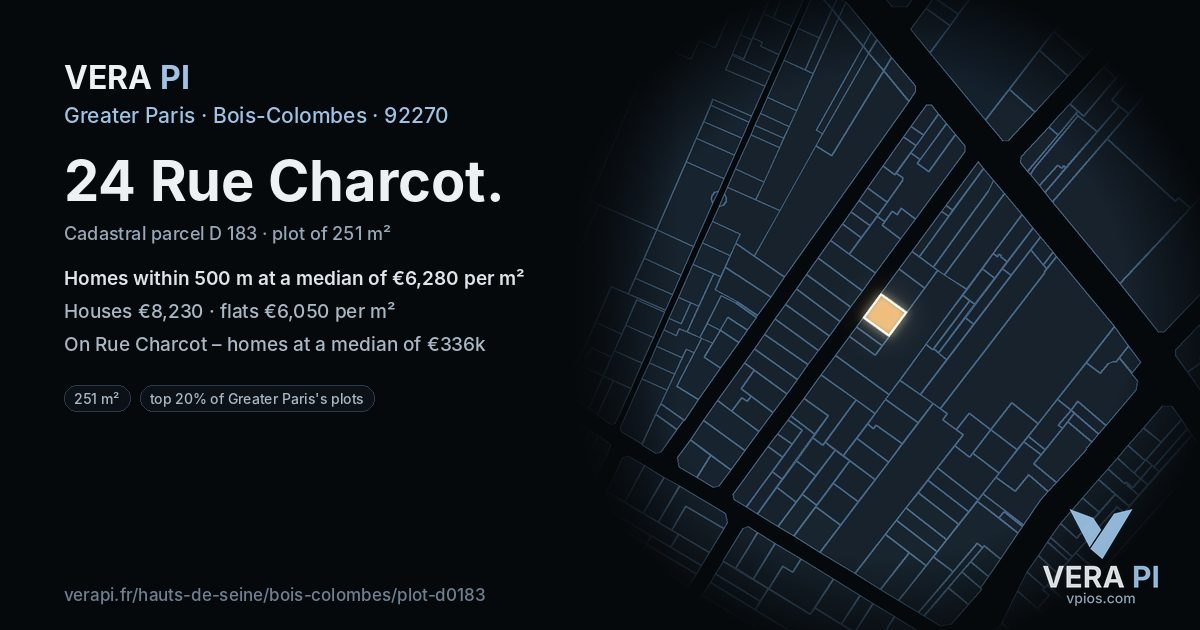 24 Rue Charcot, Bois-Colombes at night – the plot lit, the parcels around coloured by the prices near them