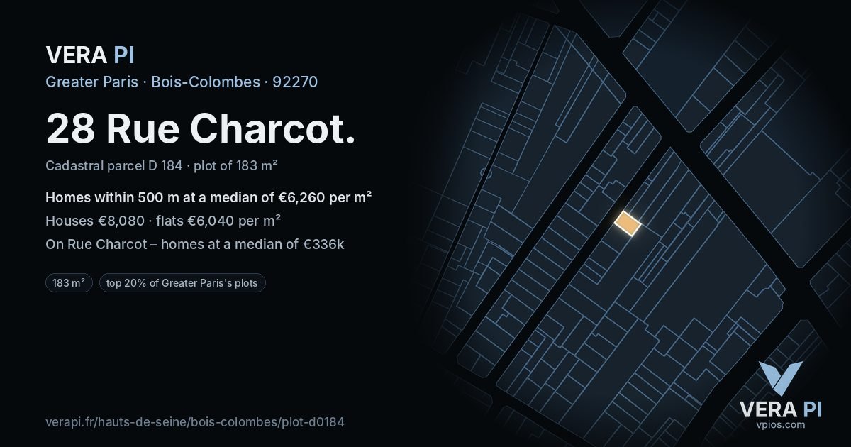 28 Rue Charcot, Bois-Colombes at night – the plot lit, the parcels around coloured by the prices near them