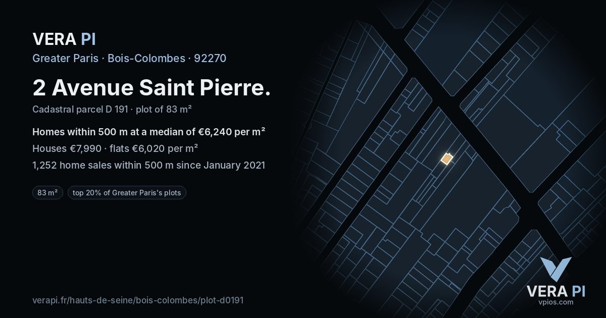 2 Avenue Saint Pierre, Bois-Colombes at night – the plot lit, the parcels around coloured by the prices near them