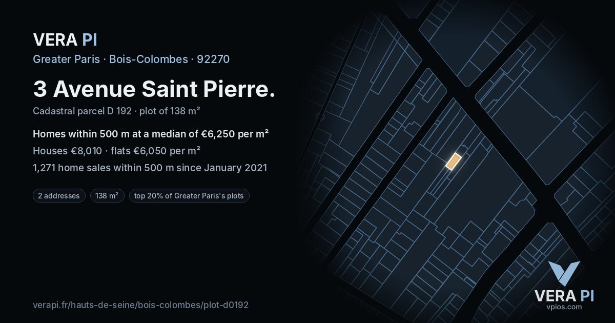 3 Avenue Saint Pierre, Bois-Colombes at night – the plot lit, the parcels around coloured by the prices near them