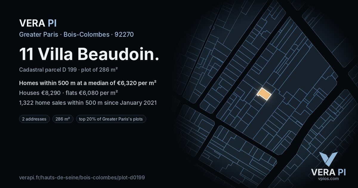 11 Villa Beaudoin, Bois-Colombes at night – the plot lit, the parcels around coloured by the prices near them
