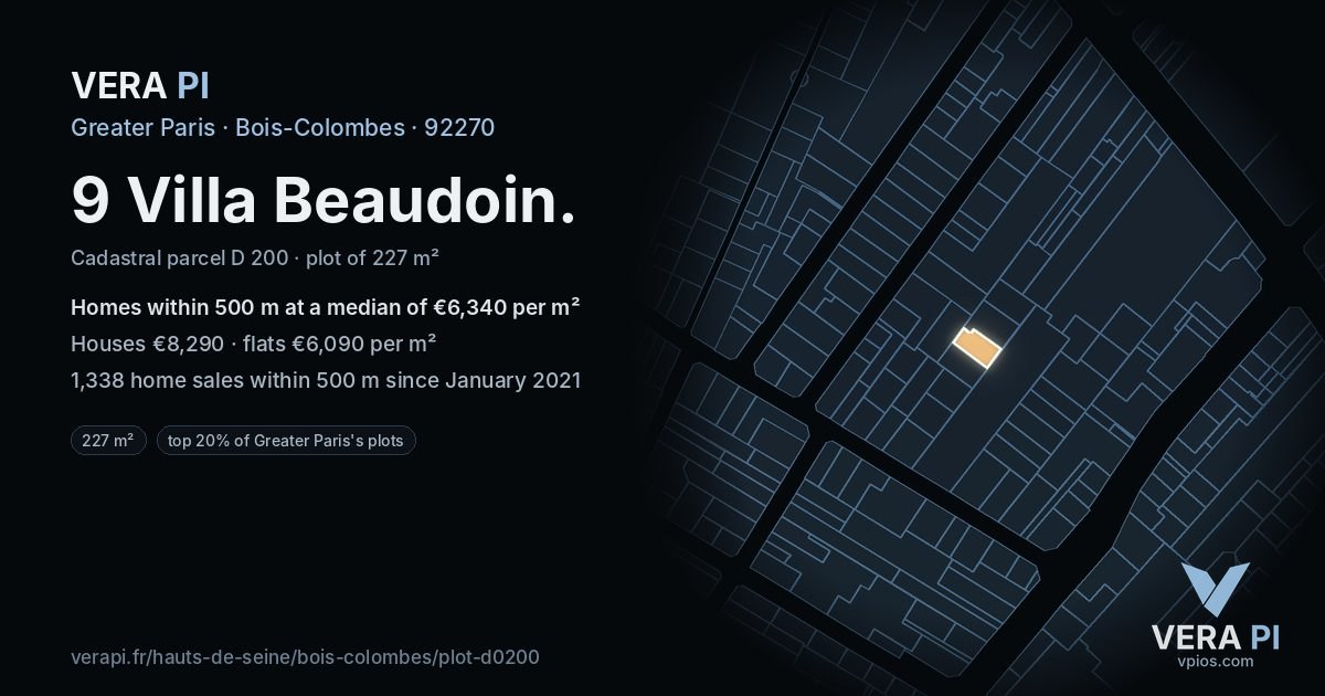 9 Villa Beaudoin, Bois-Colombes at night – the plot lit, the parcels around coloured by the prices near them