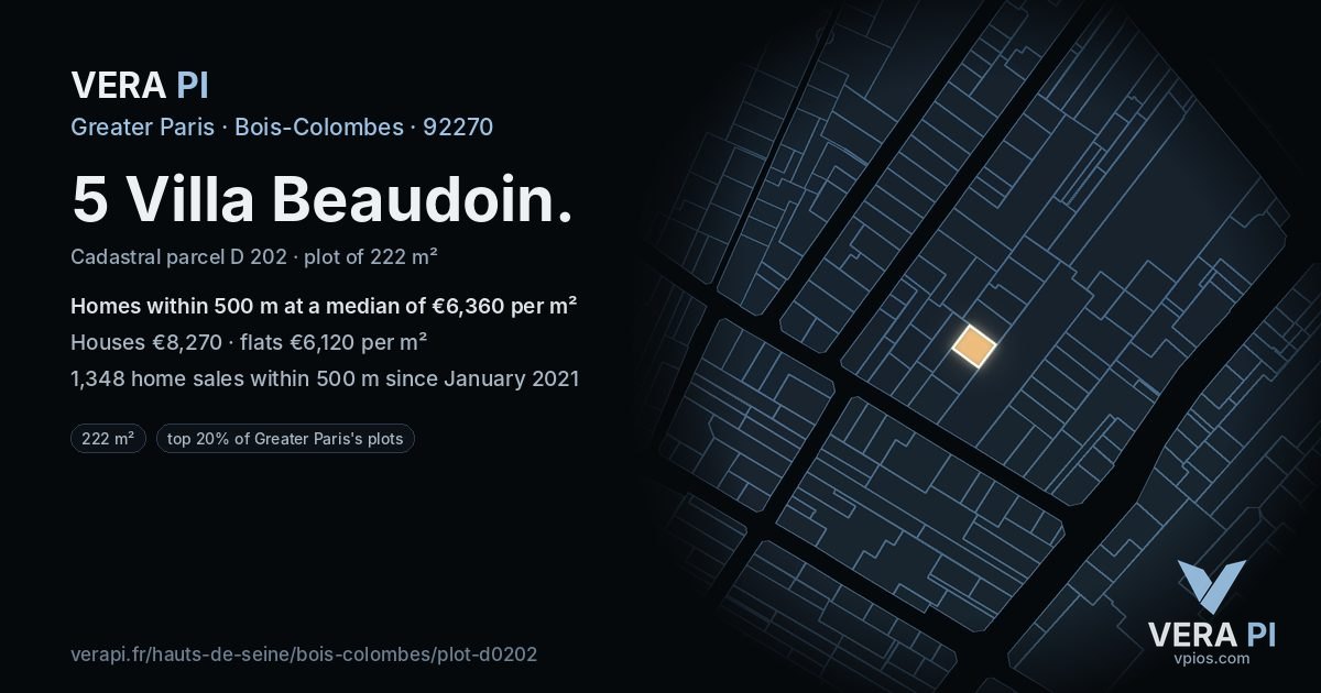 5 Villa Beaudoin, Bois-Colombes at night – the plot lit, the parcels around coloured by the prices near them