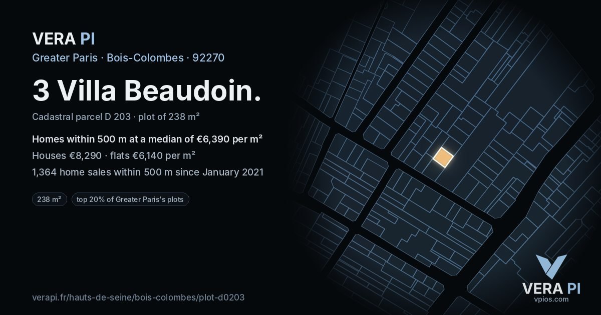 3 Villa Beaudoin, Bois-Colombes at night – the plot lit, the parcels around coloured by the prices near them
