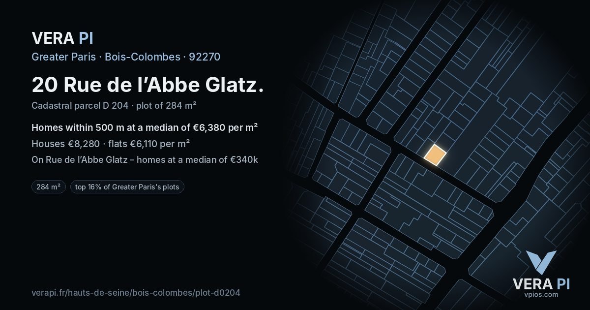 20 Rue de l’Abbe Glatz, Bois-Colombes at night – the plot lit, the parcels around coloured by the prices near them