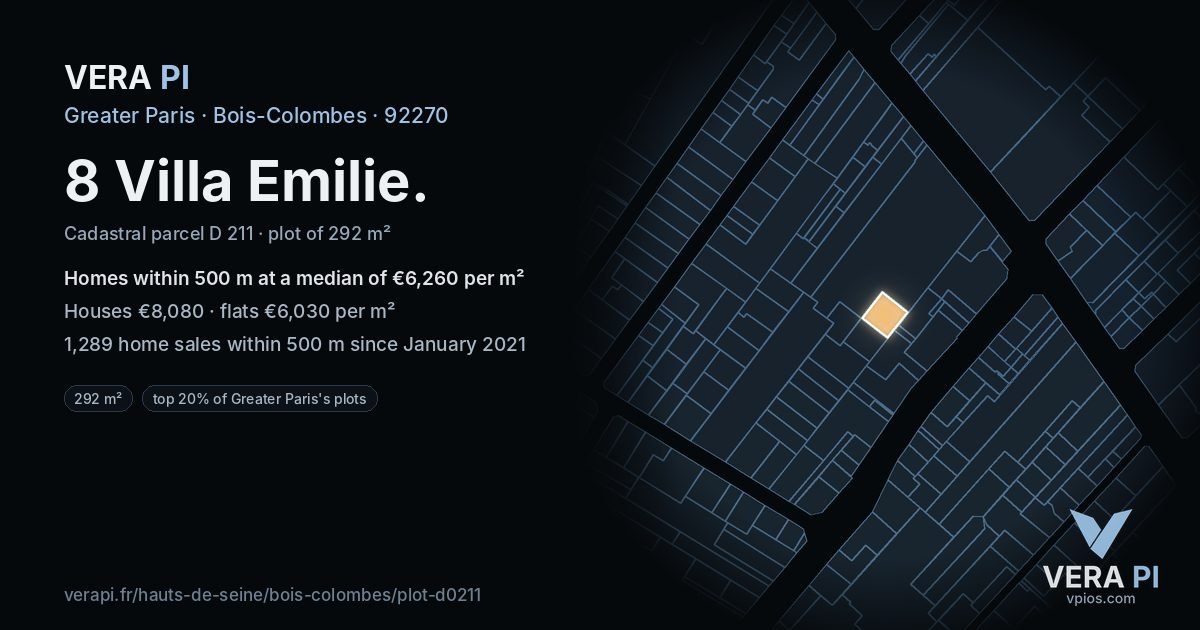 8 Villa Emilie, Bois-Colombes at night – the plot lit, the parcels around coloured by the prices near them