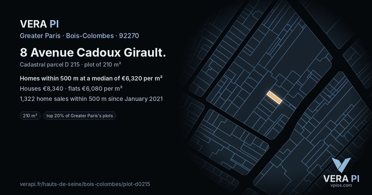 8 Avenue Cadoux Girault, Bois-Colombes at night – the plot lit, the parcels around coloured by the prices near them