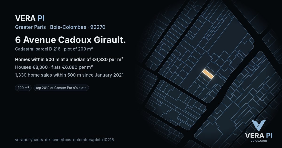 6 Avenue Cadoux Girault, Bois-Colombes at night – the plot lit, the parcels around coloured by the prices near them