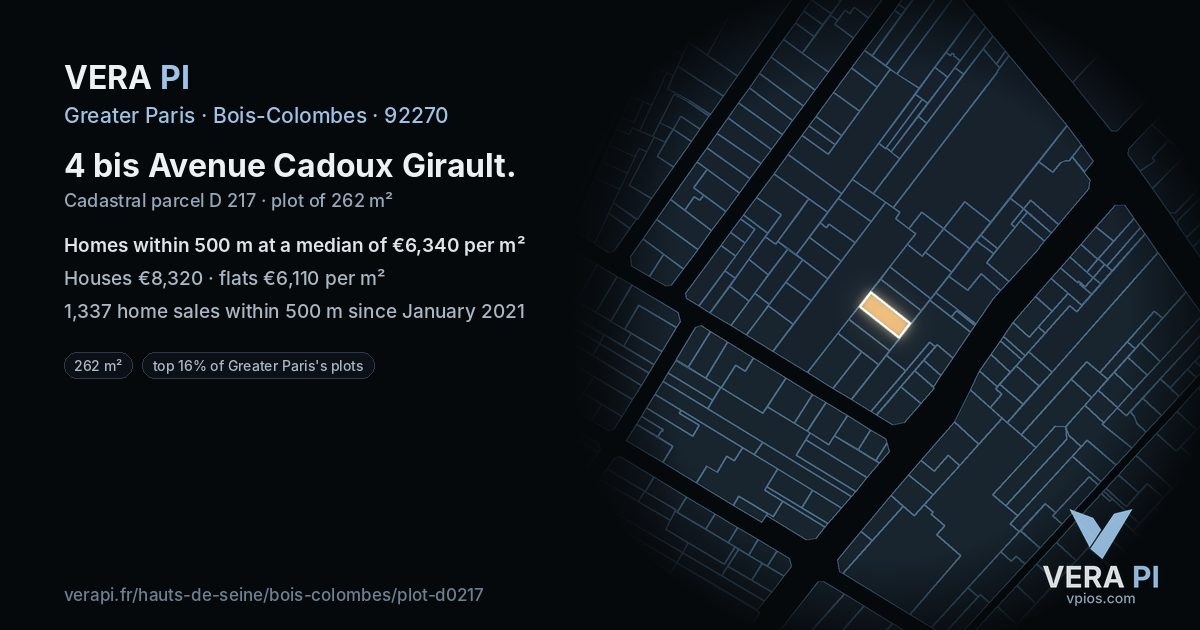 4 bis Avenue Cadoux Girault, Bois-Colombes at night – the plot lit, the parcels around coloured by the prices near them