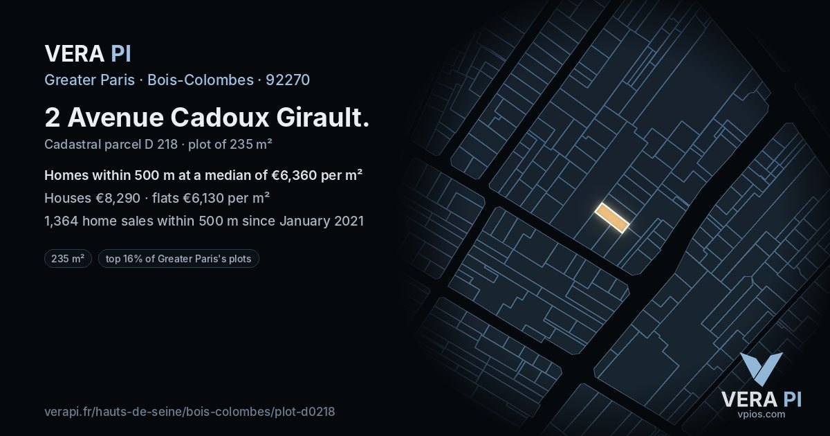 2 Avenue Cadoux Girault, Bois-Colombes at night – the plot lit, the parcels around coloured by the prices near them
