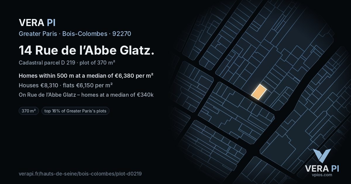 14 Rue de l’Abbe Glatz, Bois-Colombes at night – the plot lit, the parcels around coloured by the prices near them