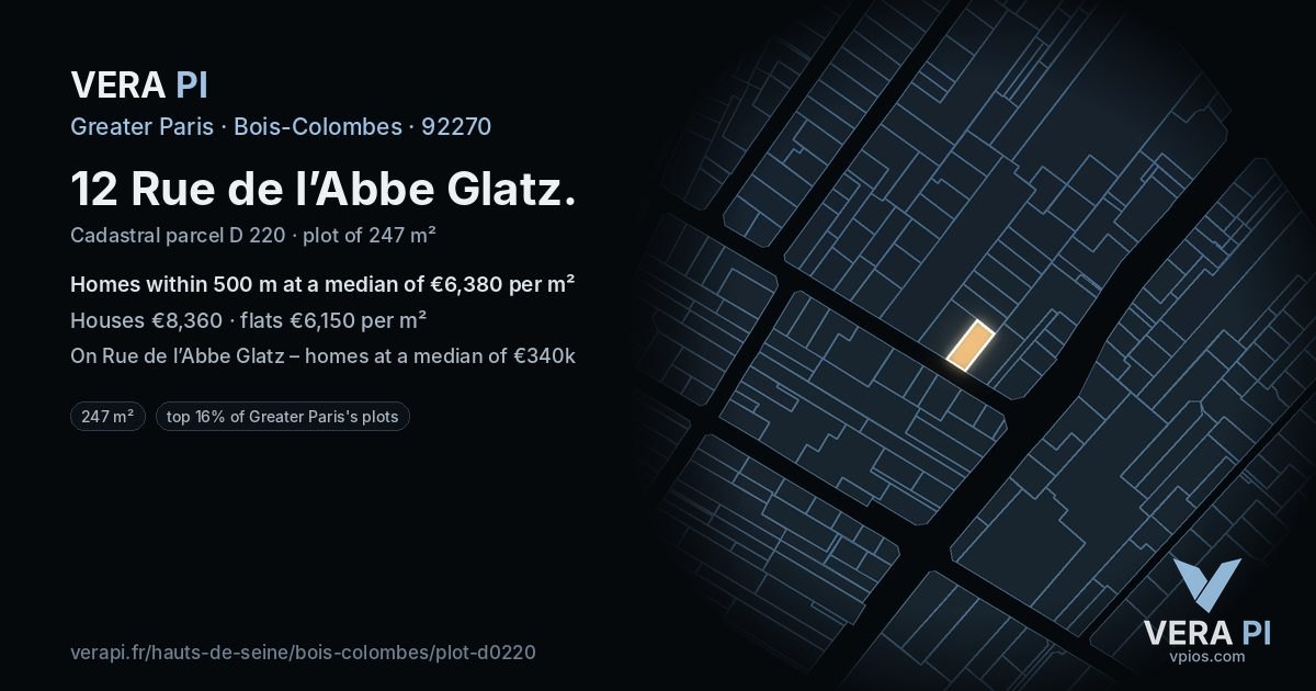 12 Rue de l’Abbe Glatz, Bois-Colombes at night – the plot lit, the parcels around coloured by the prices near them