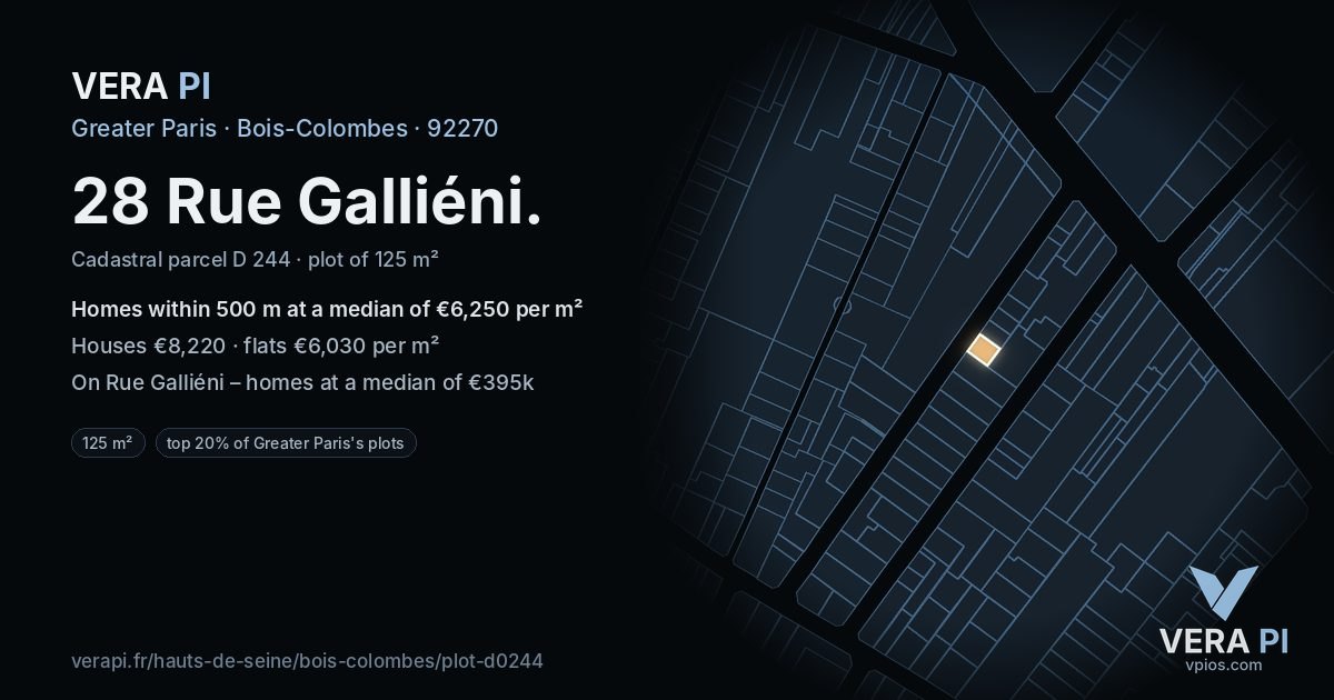 28 Rue Galliéni, Bois-Colombes at night – the plot lit, the parcels around coloured by the prices near them
