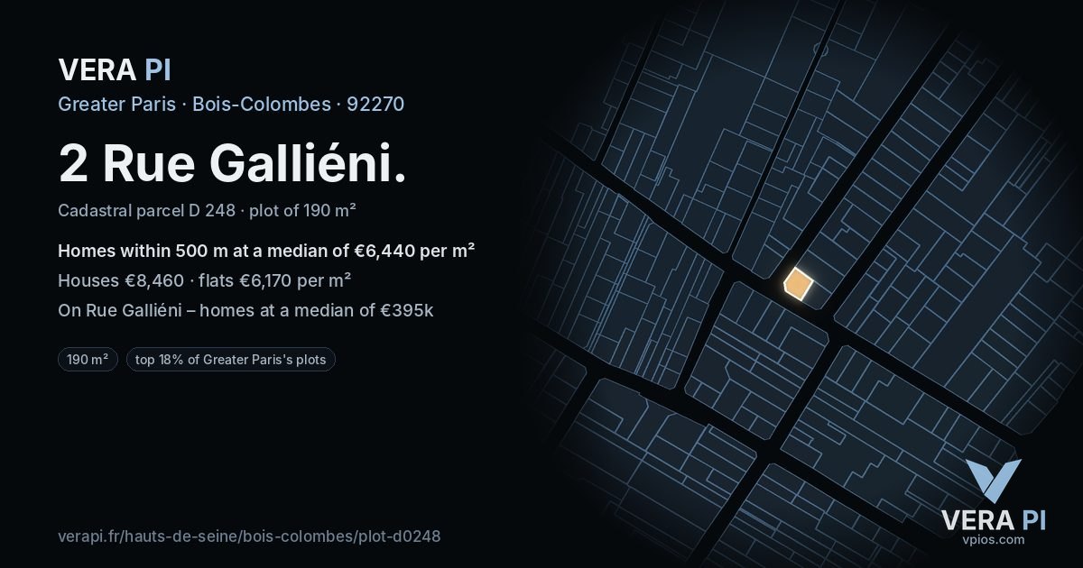 2 Rue Galliéni, Bois-Colombes at night – the plot lit, the parcels around coloured by the prices near them