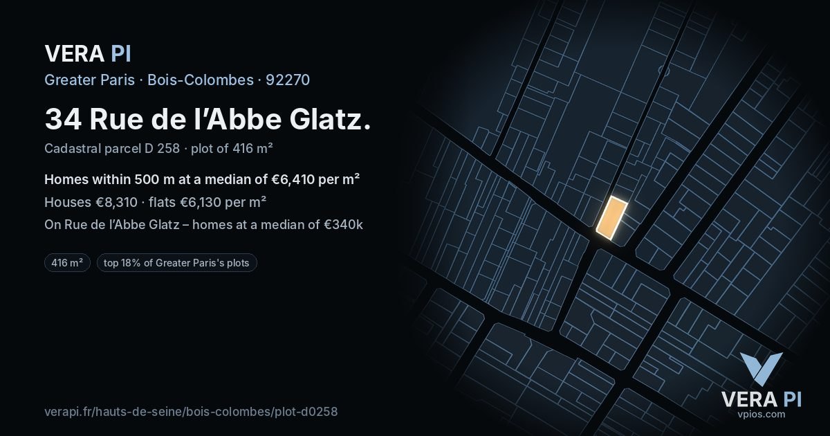 34 Rue de l’Abbe Glatz, Bois-Colombes at night – the plot lit, the parcels around coloured by the prices near them