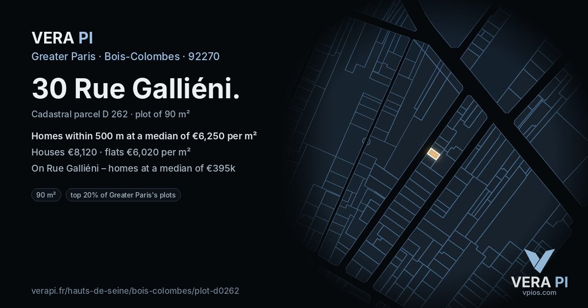 30 Rue Galliéni, Bois-Colombes at night – the plot lit, the parcels around coloured by the prices near them