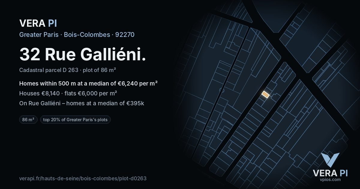 32 Rue Galliéni, Bois-Colombes at night – the plot lit, the parcels around coloured by the prices near them