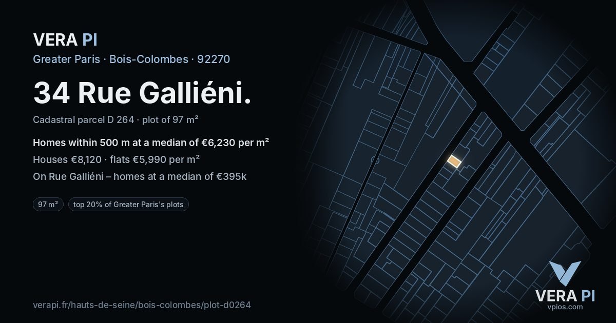 34 Rue Galliéni, Bois-Colombes at night – the plot lit, the parcels around coloured by the prices near them
