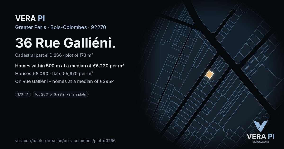 36 Rue Galliéni, Bois-Colombes at night – the plot lit, the parcels around coloured by the prices near them