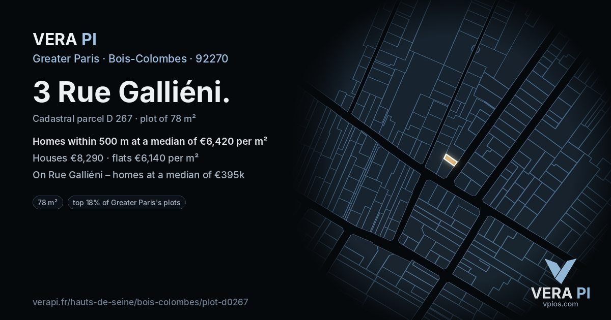 3 Rue Galliéni, Bois-Colombes at night – the plot lit, the parcels around coloured by the prices near them