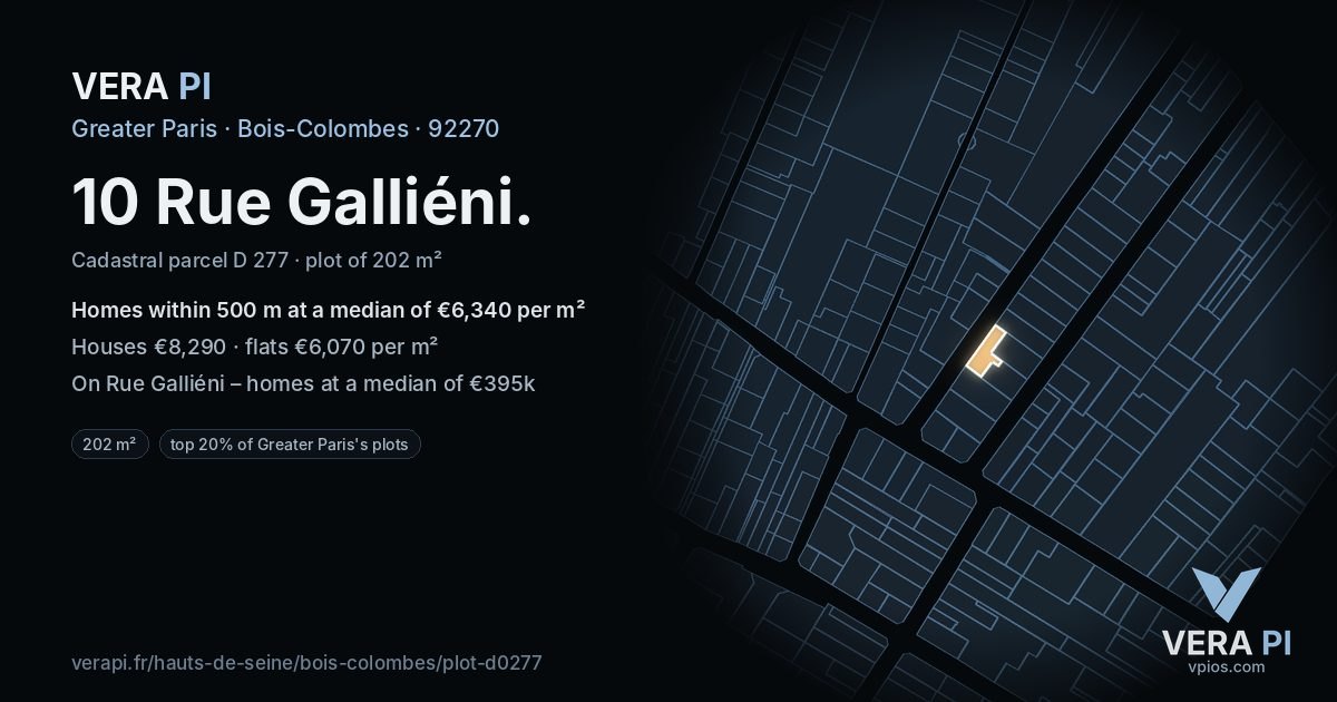 10 Rue Galliéni, Bois-Colombes at night – the plot lit, the parcels around coloured by the prices near them