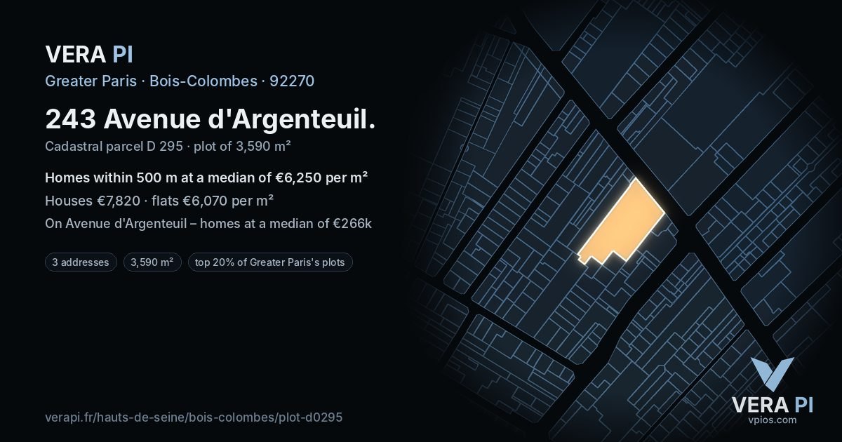 243 Avenue d'Argenteuil, Bois-Colombes at night – the plot lit, the parcels around coloured by the prices near them
