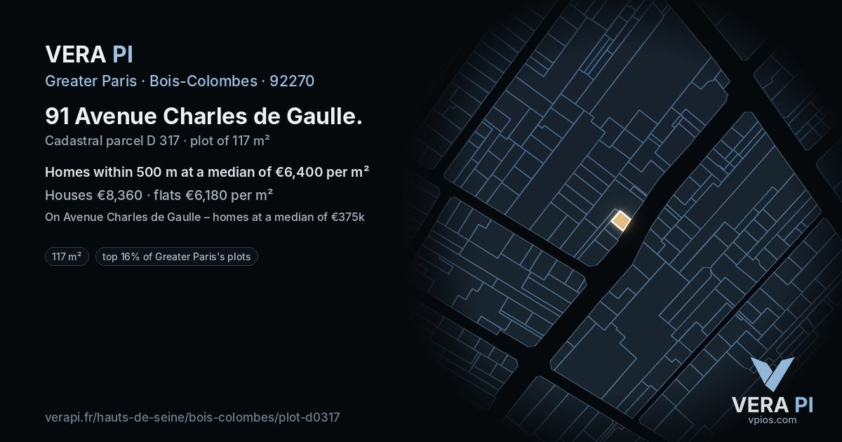 91 Avenue Charles de Gaulle, Bois-Colombes at night – the plot lit, the parcels around coloured by the prices near them