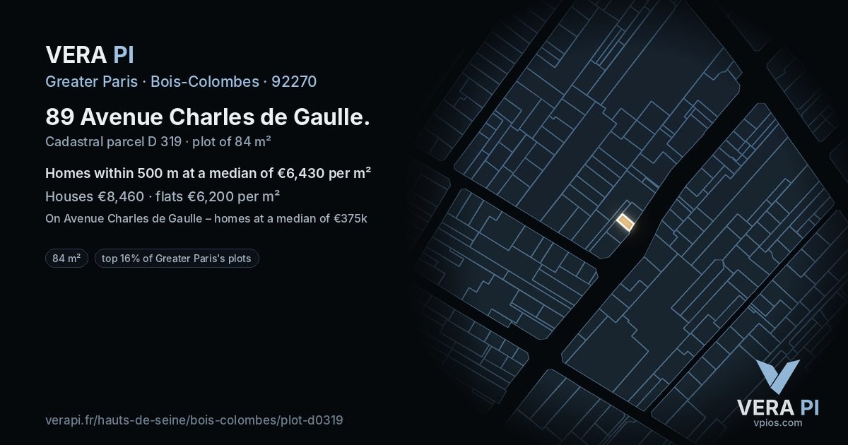 89 Avenue Charles de Gaulle, Bois-Colombes at night – the plot lit, the parcels around coloured by the prices near them
