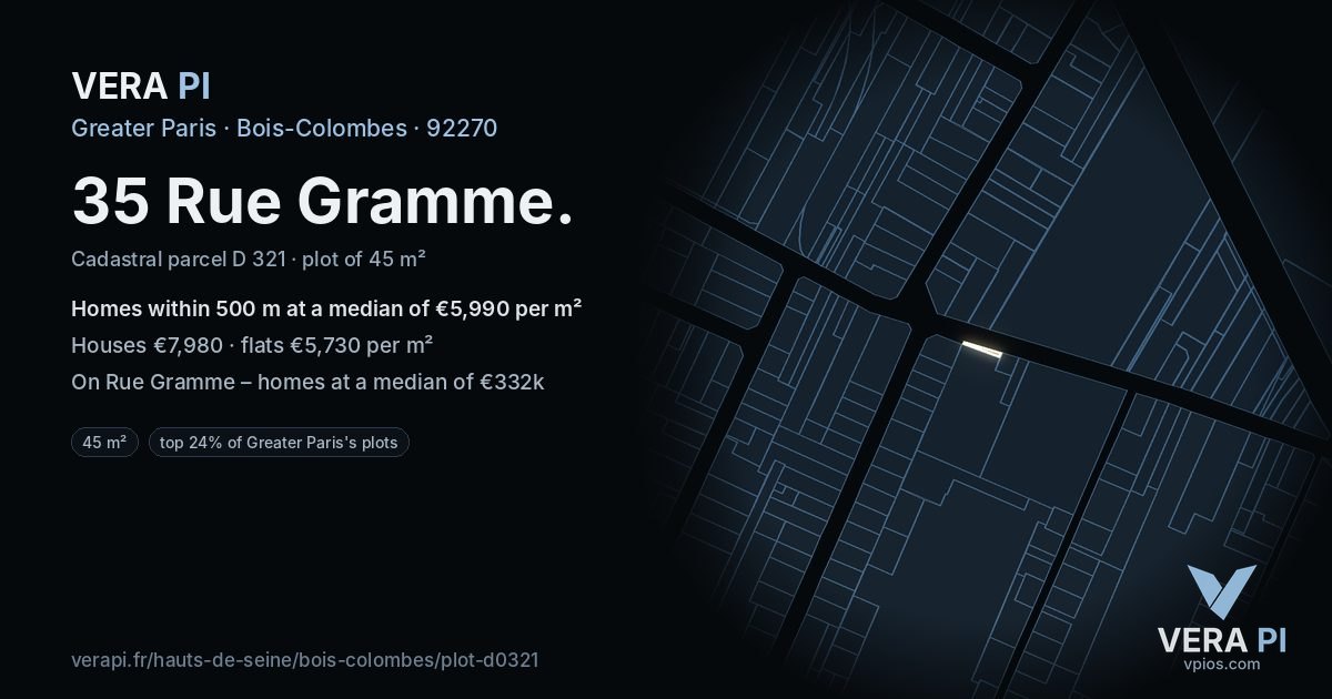 35 Rue Gramme, Bois-Colombes at night – the plot lit, the parcels around coloured by the prices near them