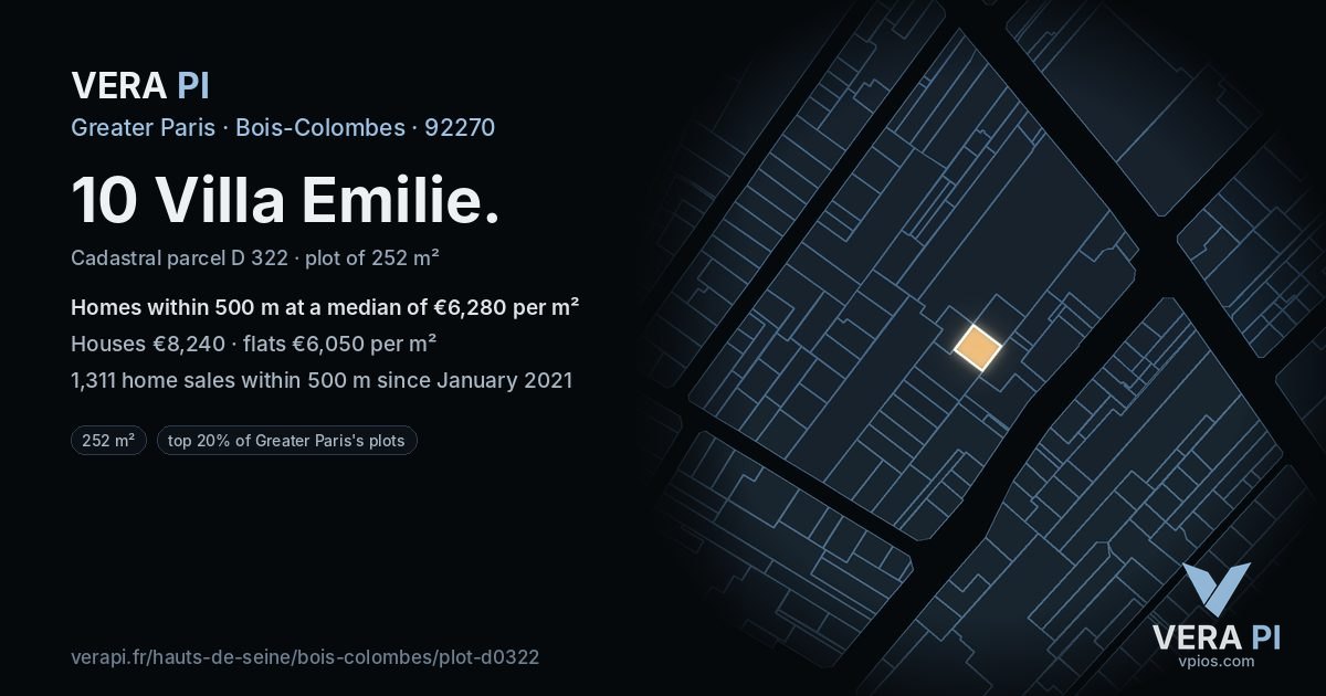 10 Villa Emilie, Bois-Colombes at night – the plot lit, the parcels around coloured by the prices near them