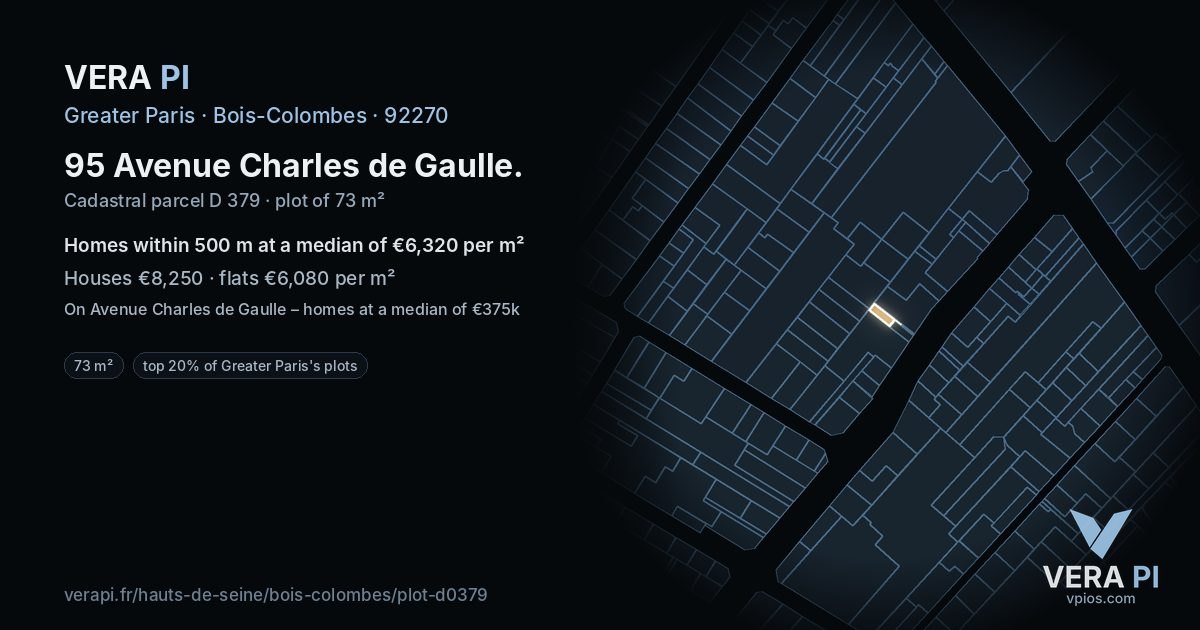 95 Avenue Charles de Gaulle, Bois-Colombes at night – the plot lit, the parcels around coloured by the prices near them