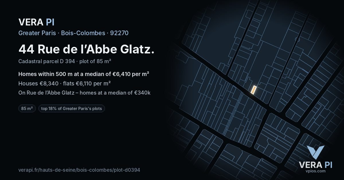 44 Rue de l’Abbe Glatz, Bois-Colombes at night – the plot lit, the parcels around coloured by the prices near them