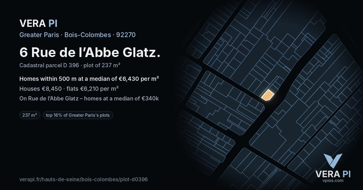 6 Rue de l’Abbe Glatz, Bois-Colombes at night – the plot lit, the parcels around coloured by the prices near them