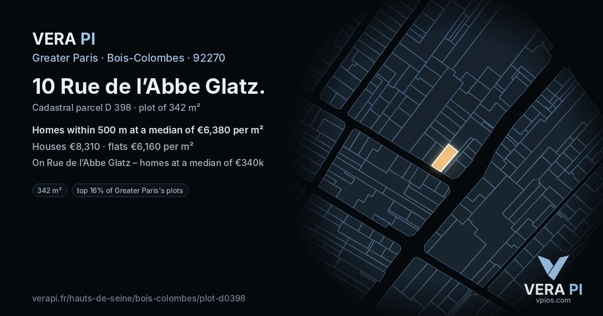 10 Rue de l’Abbe Glatz, Bois-Colombes at night – the plot lit, the parcels around coloured by the prices near them
