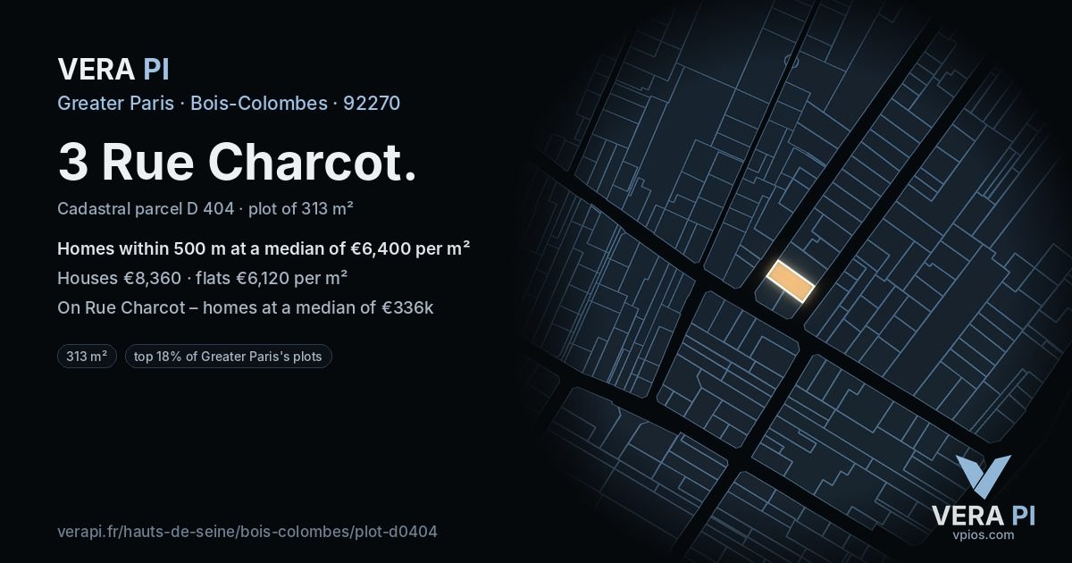 3 Rue Charcot, Bois-Colombes at night – the plot lit, the parcels around coloured by the prices near them