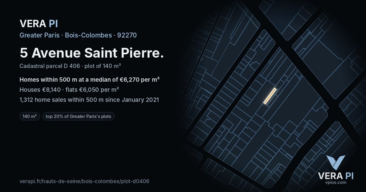 5 Avenue Saint Pierre, Bois-Colombes at night – the plot lit, the parcels around coloured by the prices near them