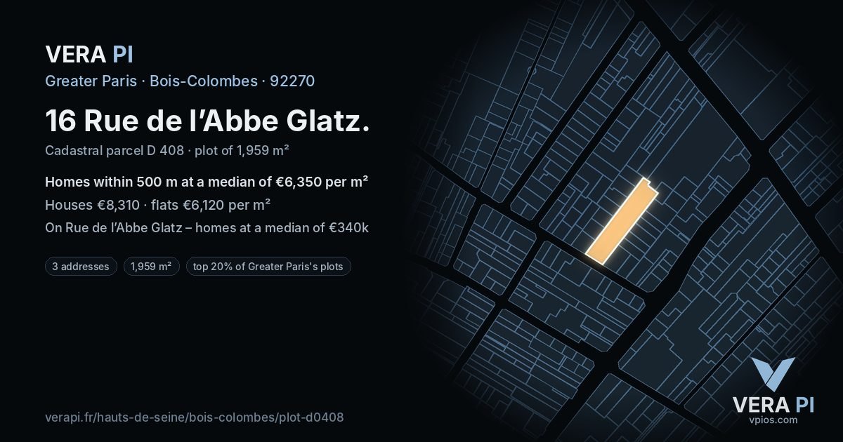 16 Rue de l’Abbe Glatz, Bois-Colombes at night – the plot lit, the parcels around coloured by the prices near them