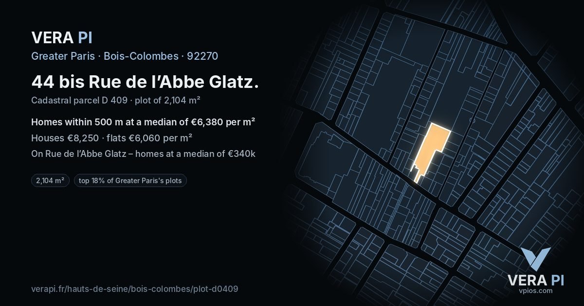 44 bis Rue de l’Abbe Glatz, Bois-Colombes at night – the plot lit, the parcels around coloured by the prices near them