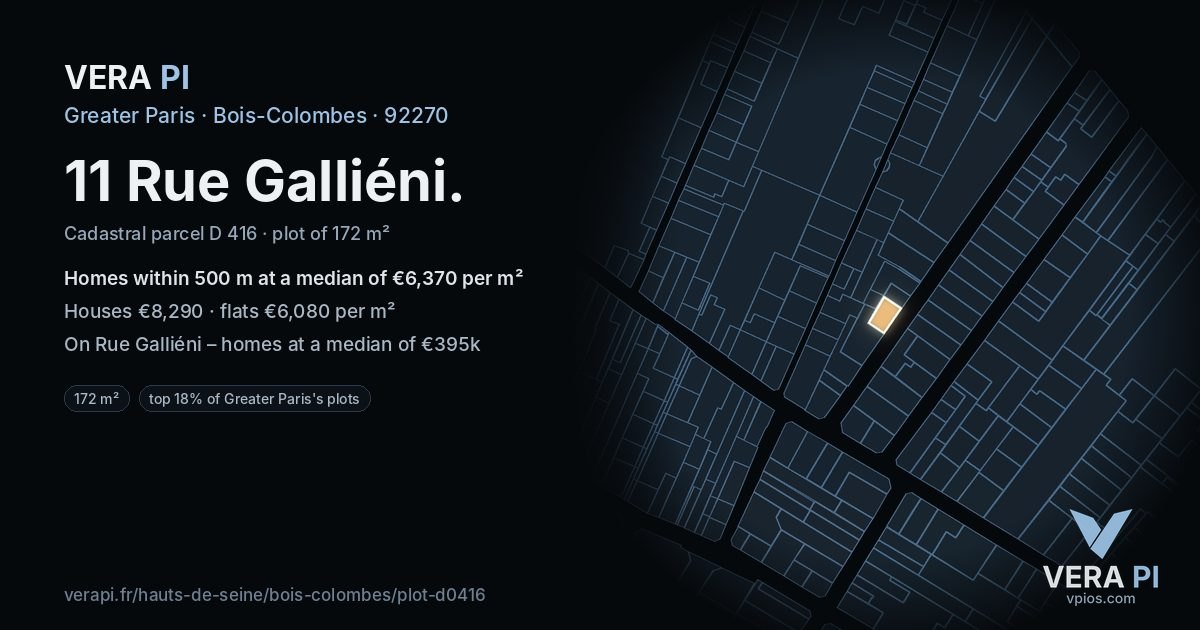 11 Rue Galliéni, Bois-Colombes at night – the plot lit, the parcels around coloured by the prices near them