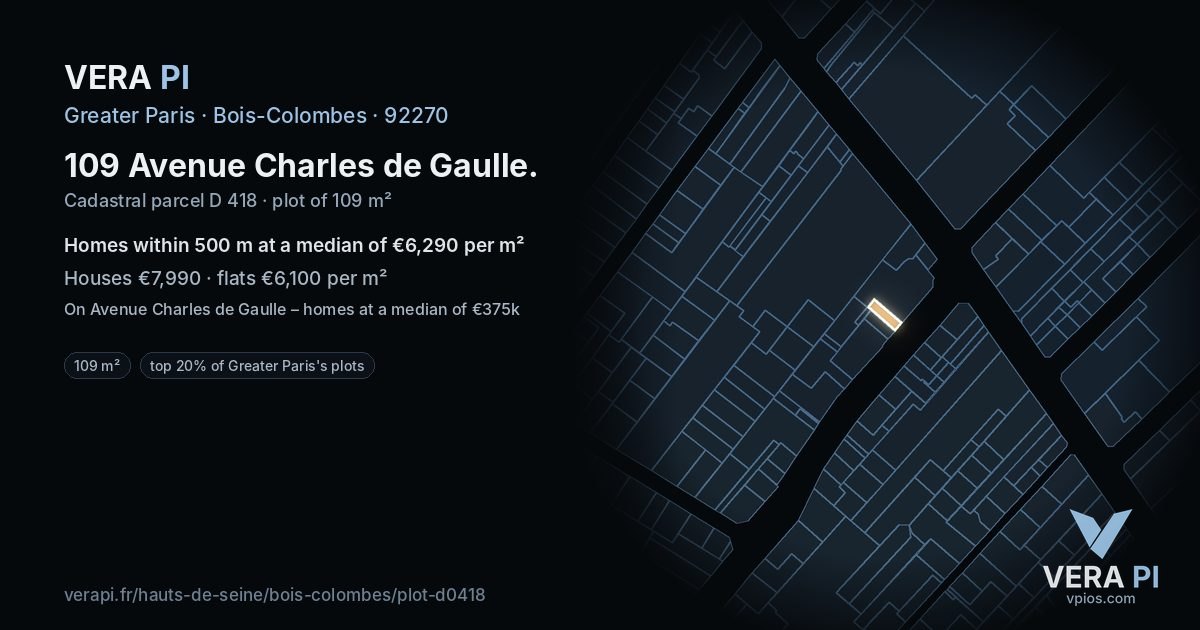 109 Avenue Charles de Gaulle, Bois-Colombes at night – the plot lit, the parcels around coloured by the prices near them
